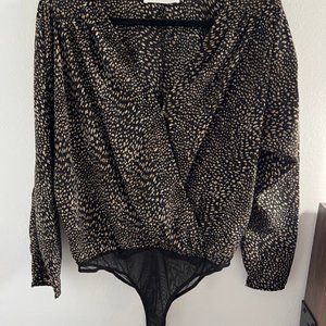 ASTR The Label Long Sleeve Drape Front Wrap Black Print Bodysuit